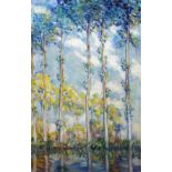 A 20TH CENTURY OIL ON CANVAS IMPRESSIONIST LANDSCAPE With tall trees and foliage at the edge of a