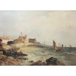 GEORGE BARNARD, 1819 - 1902, OIL ON CANVAS Coastal village, fishing boats offshore, gilt framed. (