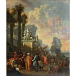 A LARGE 18TH CENTURY DUTCH OIL ON CANVAS Baroque harbour scene, figures on quayside, monogrammed 'TH
