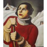 A FRAMED OIL PAINTING Portrait of a 1930s lady skier in studio frame. 59 x 49cm.