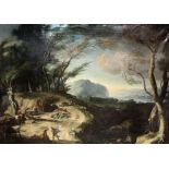CIRCLE OF SALVATOR ROSA 1615-1673 large oil on canvas wind swept mountainous landscape with