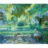 A 20TH CENTURY OIL ON CANVAS Park scene, children feeding birds in summertime, signed 'OSH' and
