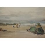 MICHAEL BROCKWAT (1919-) Watercolour entitled 'Figures By The Sea (Fine art gallery labels to verso)