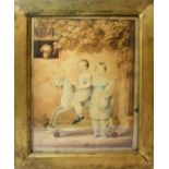 AN EARLY 19TH CENTURY SEPIA WATERCOLOUR PORTRAIT OF CHILDREN AT PLAY Wearing period style dress, one