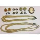 A SELECTION OF VINTAGE COSTUME JEWELLERY Comprising of two Art Deco style faux pearl two strand