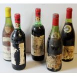 FIVE BOTTLES OF VINTAGE RED WINE A 1970 bottle of Louis Latour Gevrey-Chambertin and 1972 Clos de