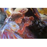 'BLOWING BUBBLES, OIL ON CANVAS Illustrated with two young Edwardian girls at play, framed. (h