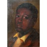 AN EBONIZED FRAMED OIL PAINTING PORTRAIT, Of a Afro-American boy in traditional attire. 25x17cm.