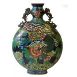 A 19TH CENTURY CHINESE CLOISONNÉ MOONFLASK Mounted with handles formed a dragons the flatted body