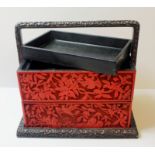 AN EARLY 20TH CENTURY CHINESE CINNABAR LACQUER THREE TIER BOX Having three graduating boxes,