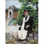 OPAQUE PIGMENTS ON PAPER, PORTRAIT OF AN INDIAN DIGNITARY Seated in a garden setting, framed and