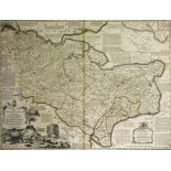 AN ANTIQUE BLACK AND WHITE ENGRAVING OF A MAP OF KENT Having a pictorial view to the lower left