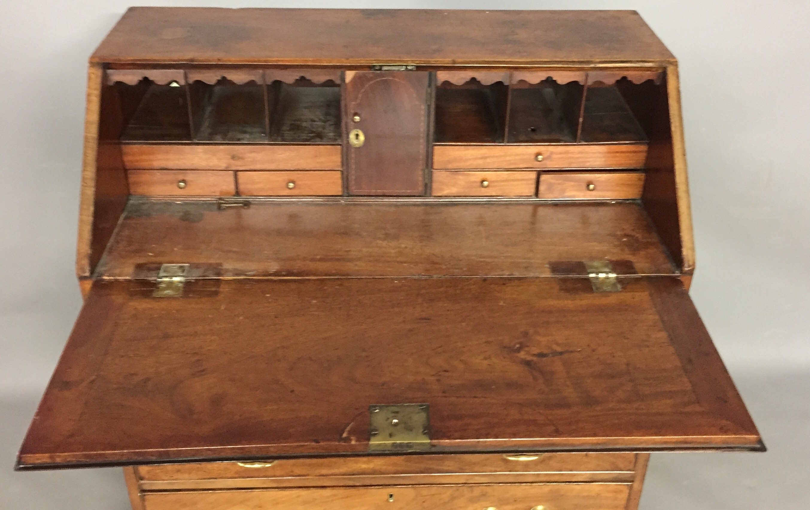 AN 18TH CENTURY MAHOGANY BUREAU the fall front enclosing a fitted interior above four long graduated - Image 2 of 2