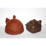 TWO CHINESE YIXING WARE TERRACOTTA POTTERY MINIATURE TEAPOTS One of comical shape with pierced