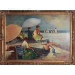 A LARGE IMPRESSIONIST OIL ON CANVAS LAID TO BOARD Figures on a beach, indistinctly signed lower