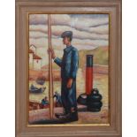 OIL ON CANVAS LAID TO BOARD Basque fisherman on a harbour key side, indistinctly signed lower right,