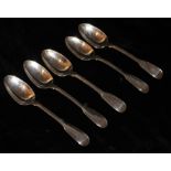 A COLLECTION OF FIVE GEORGIAN SILVER DESSERT SPOONS Fiddle and thread pattern, hallmarked London,