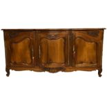 A LARGE 20TH CENTURY FRENCH WALNUT SIDEBOARD Having serpentine style front with parquetry inlay to