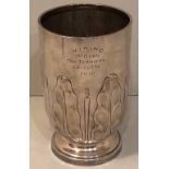MAPPIN & WEBB, AN EARLY 20TH CENTURY SILVER PLATED PRESENTATION VASE Having embossed acanthus leaf