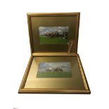 A PAIR OF 20TH CENTURY ACRYLICS ON BOARD Horseracing scenes. (board 20cm x 12cm) (frame 29cm x