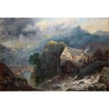 FOLLOWER OF JOHN CONSTABLE, A 19TH CENTURY ROMANTIC SCHOOL OIL ON BOARD Watermill by a river,