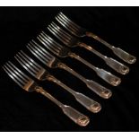 A MATCHED SET OF SIX VICTORIAN SILVER FORKS Fiddle thread and shell pattern, three London, 1849