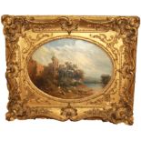KICAT COLE, A 19TH CENTURY OVAL OIL ON CANVAS Landscape, a classical style ruin by a river with