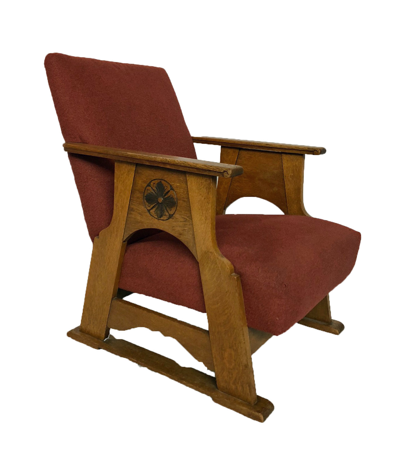 AN EARLY 20TH CENTURY COTSWOLD SCHOOL CARVED OAK UPHOLSTERED ARMCHAIR. - Image 2 of 2