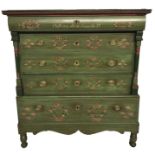 A LARGE EARLY 19TH CENTURY TWO SECTION CHEST OF FIVE GRADUATED DRAWERS With brass handles, painted