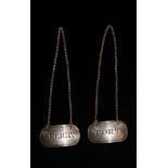 A PAIR OF GEORGE III SILVER DECANTER LABELS 'Port' and 'Sherry', hallmarked 'London, 1811, J.R.'. (