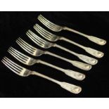 A SET OF SIX VICTORIAN SILVER FORKS Shell fiddle and thread pattern, engraved with a stags head