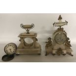 AN ALABASTER AND GILT METAL MANTLE CLOCK Along with another alabaster clock.