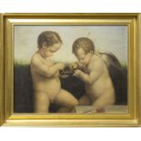 A 19TH CENTURY FRENCH OIL ON CANVAS Putti and cherub, gilt framed. (46cm x 36.5cm) (frame 54.5cm x