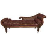 A REGENCEY CARVED MAHOGANY AND UPHOLSTERED SCROLL END CHAISE LOUNGE With scrolling back and loose