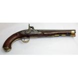 A GOOD 19TH CENTURY PERCUSSION CAP PISTOL With mahogany stock brass mounts and original horn, ramrod