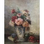 CHARLOTTE COROT, FRENCH, 1850, OIL ON CANVAS Still life, roses in a ceramic vase, signed and gilt