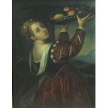 AFTER TITIAN, 1506 - 1576, OIL ON CANVAS Girl with basket of fruit, decorative gilt frame. (27cm x