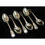 A SET OF SIX VICTORIAN SILVER TABLESPOONS Fiddle and thread pattern, engraved with a crest of a bear