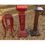 THREE 20TH CENTURY DECORATIVE CHINESE STYLE JARDINIÈRE STANDS Red lacquered, with mahogany with