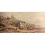 A 19TH CENTURY WATERCOLOUR Landscape, a coastal view of a watermill with sailing boats on the