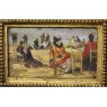 FOLLOWER OF EUGENE BOUDIN, AN IMPRESSIONIST OIL ON PANEL Figures on a beach, monogrammed lower
