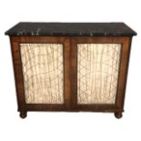 A 19TH CENTURY MAHOGANY SIDE CABINET The green veined marble top above two silk lined brass