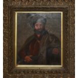 AFTER REMBRANDT, OIL ON BOARD Portrait of a man in Oriental costume wearing a headdress, glazed and