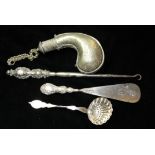 A COLLECTION OF VICTORIAN AND LATER SILVER ITEMS To include two button hooks with embossed