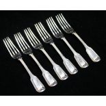 A SET OF SIX VICTORIAN SILVER FORKS Fiddle and thread pattern, engraved with a family crest of a