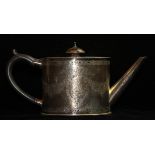A VICTORIAN SILVER OVAL ARMORIAL TEAPOT Having an ebonised finial and handle with engraved