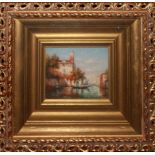 OIL ON PANEL Venetian backwater scene, in a pierced gilt frame and glazed. (16cm x 11cm) (frame 39cm