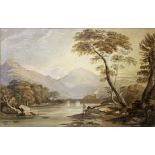 MANNER OF DAVID COX, BRITISH, WATERCOLOUR Mountainous riverside landscape with figures and sheep,