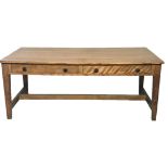 A GOOD 19TH CENTURY ENGLISH SOLID SATIN BIRCH FARMHOUSE TABLE The three plank top above two large