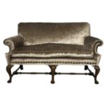 TROLLOPE & SONS, A 19TH CENTURY WALNUT GEORGE I DESIGN CRUSH VELVET SETTEE The straight back over